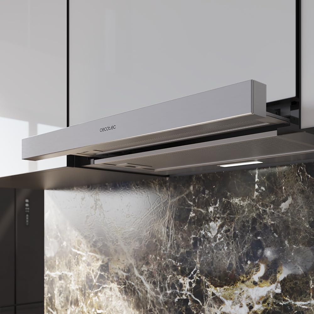 Cecotec Cappa aspirante telescopica da Bolero Flux TLM 603500 Inox A. Motore 70 W, potenza di aspirazione 60 cm, 350 m3/h, meccanico, 2 livelli di potenza, luce e filtro al carbonio, finitura, Inox