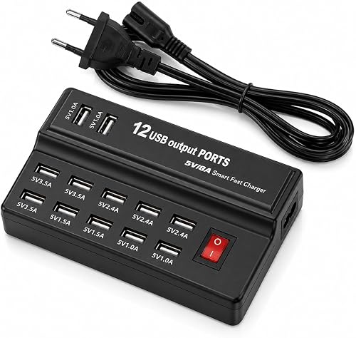 12 Port USB Charging Station, 60W Multi USB Charger, 5V/1A-3.5A, Smart Charging Hub
