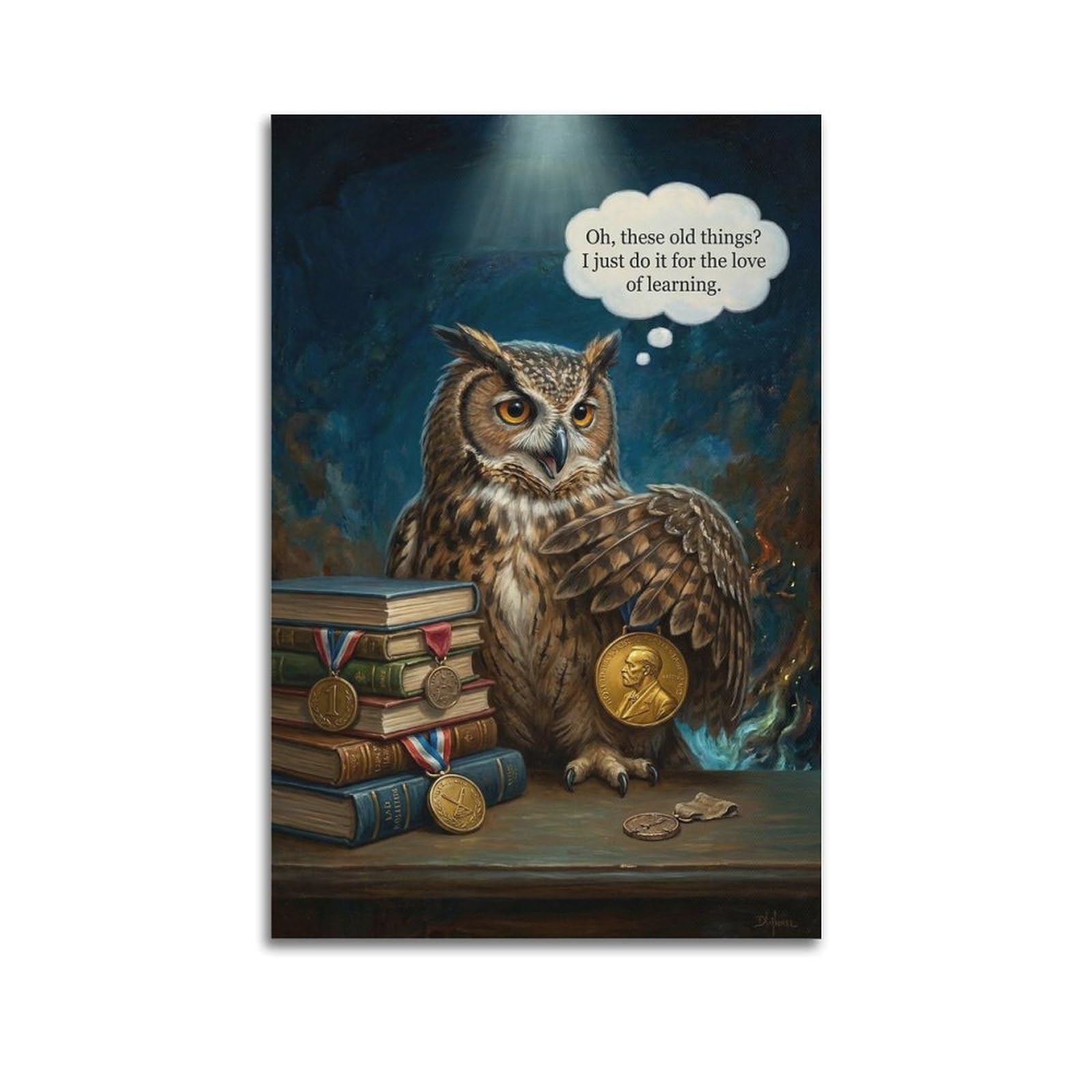 XKUGA Surreal Vintage Animal Poster Owl Medal Vanity Satire Modern Decorative Canvas Prints - Ideal Wall Art for Family, Man Cave, Game Room, Boys & Girls Bedroom 20x30inch(50x75cm)