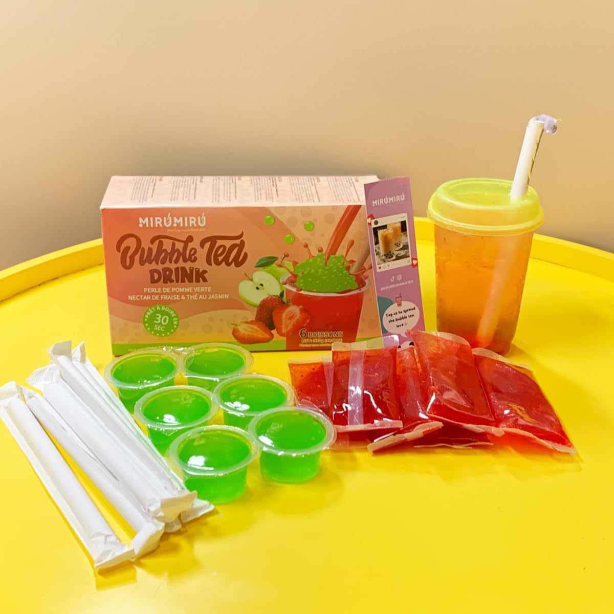 Kit de Bubble Tea MiruMiru - Perlas de Manzana Verde y Néctar de Fresa con Té de Jazmín - Kit Casero para Hacer Bebidas con Pajitas
