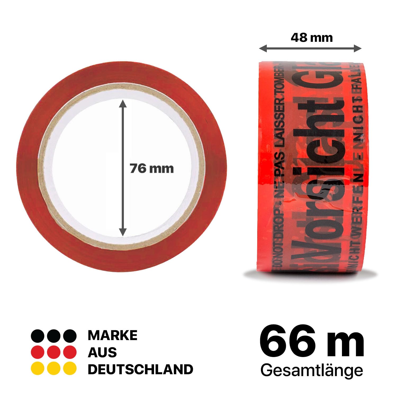FYBR TAPEMAXX Vorsicht Glas 36 Rollen rotes Klebeband Achtung Bruchgefahr Caution Glass Fragile Paketband Zerbrechlich Warnung Packband Schwarz Piktogramm Paket (36 Rollen)
