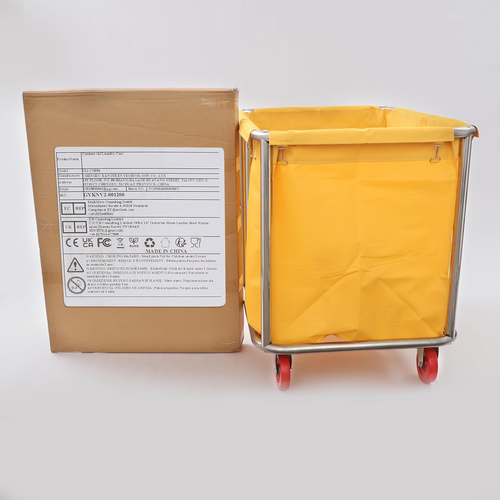 Carro de lavandería de acero inoxidable, con ruedas, capacidad de carga de 118 kg, para hoteles, hospitales, lavandería, 90 x 65 x 80 cm (amarillo)