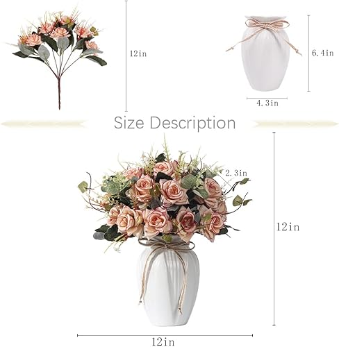 Miniatura 4 de LESING Ramos de rosas artificiales con jarrón de seda sintética en jarrón, arreglo de centro de mesa para decoración del hogar y boda (rosa)