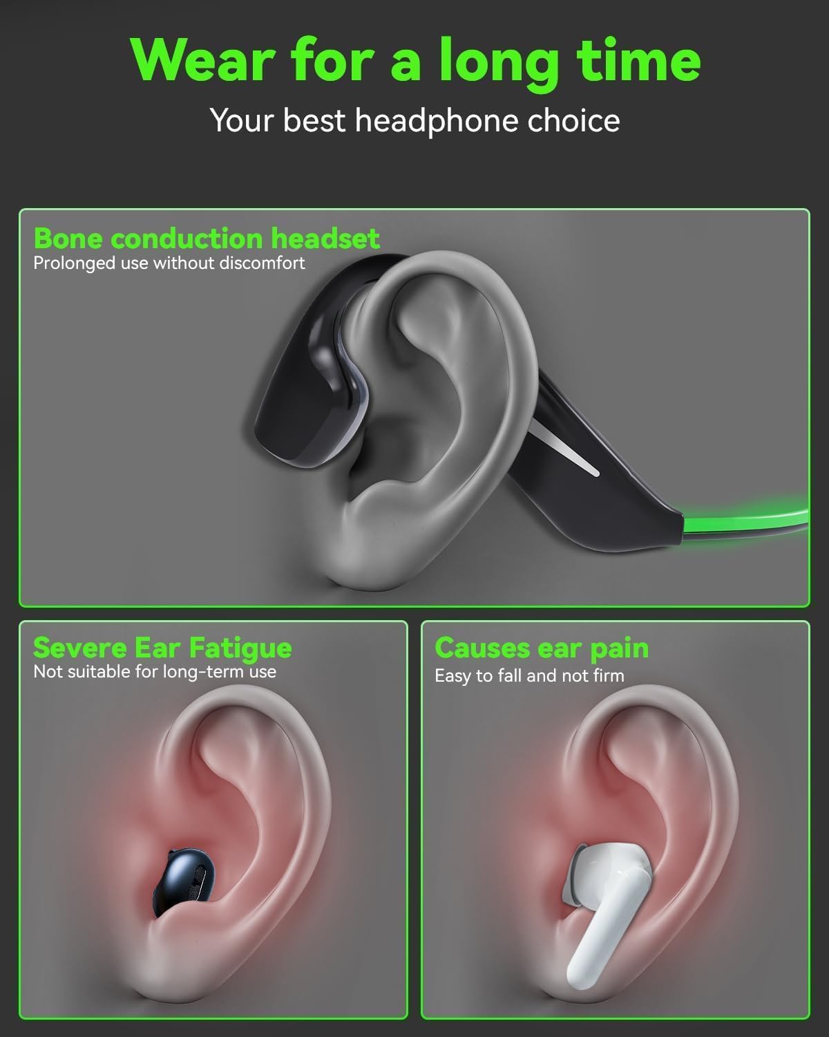 MONODEAL Auriculares conduccion osea, Auriculares inalambricos Deportivos IPX7 a Prueba de Sudor, Bluetooth 5.3 Verde con luz Inteligente, auriculare oseos 20 Horas de reproducción