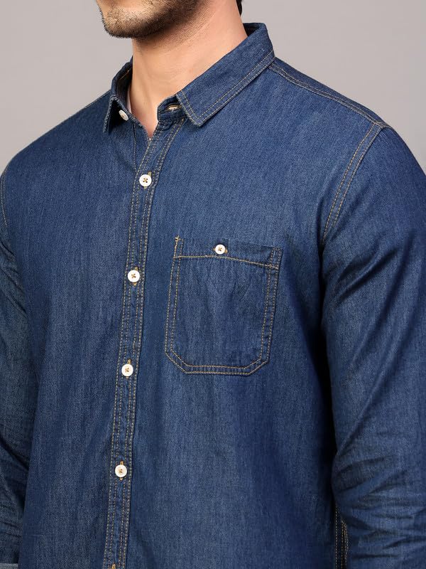 Image of Men's Denim Shirt with Regular Fit Solid Pattern Long Sleeve Collared Neck and Button Down Closure|Men Denim Shirt