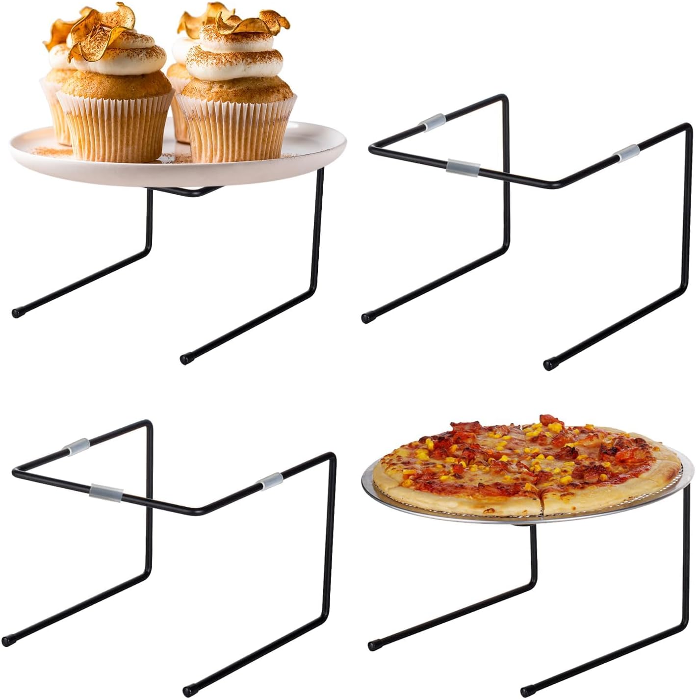 4 Pcs Black Metal Pizza Stand for Table Pizza Pan Riser Stands Pizza Rack Stand Pizza Serving Tray Pizza Holder Tabletop Food Rack Stands for Restaurant, Catering (Make in India) (Black)