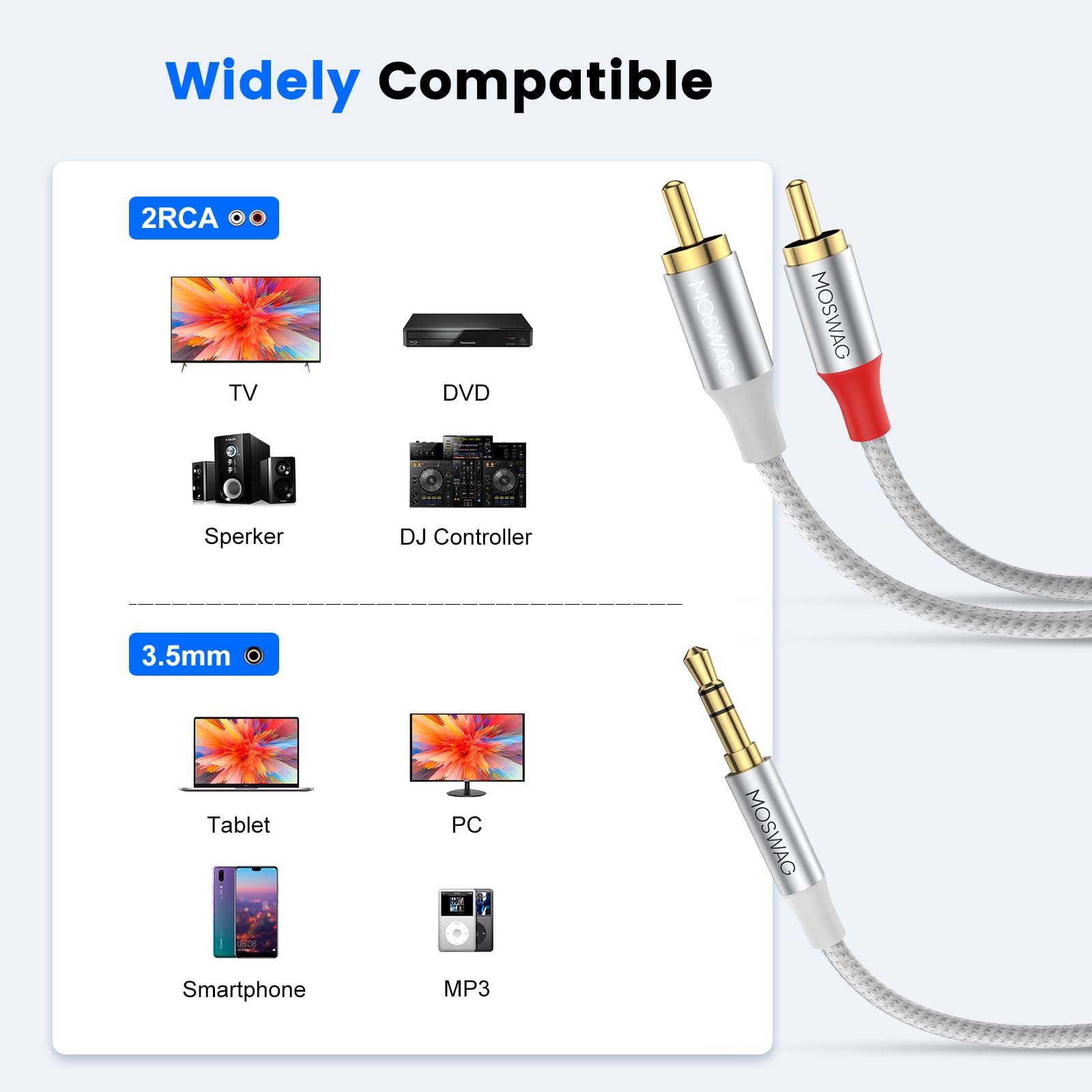 MOSWAG RCA-kabel, 3,5 mm stekker naar 2RCA-stekker, stereo audio-adapter, dubbel afgeschermde vergulde coaxkabel, nylon gevlochten AUX, RCA-Y-kabel voor smartphones, MP3, tablets, luidsprekers, HDTV