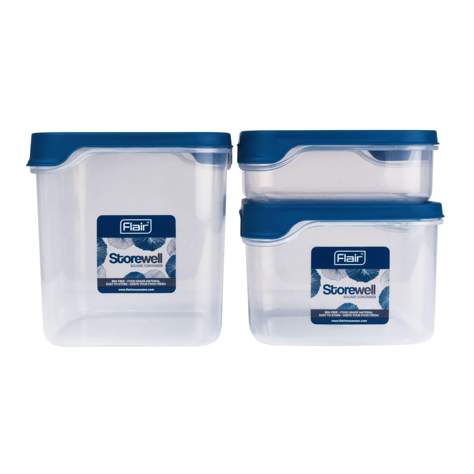 FLAIR Storewell Square Plastic Food Storage Container Set, Airtight Kitchen Containers for Rice, Atta & Grains, BPA-Free, Food Grade Storage Boxes (Blue, Set of 3 (2L, 3L, 4L))