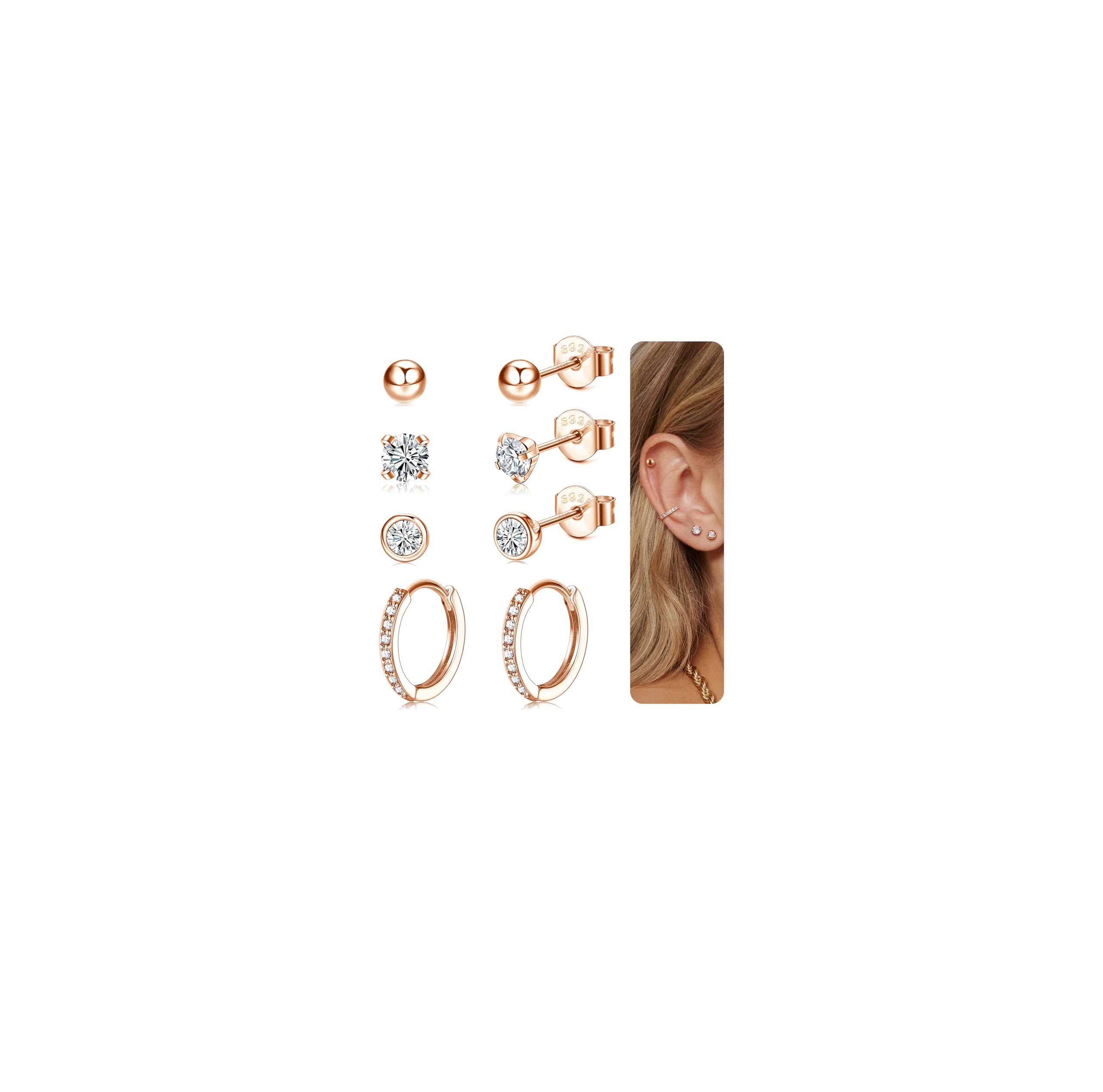 CASSIECA 4 Pares Pendientes Plata de Ley 925 para Mujer Niñas aros circoniña pendientes pequeño pendientes Cartílago Pendientes Hipoalergénicos Piercing Oreja Joyería