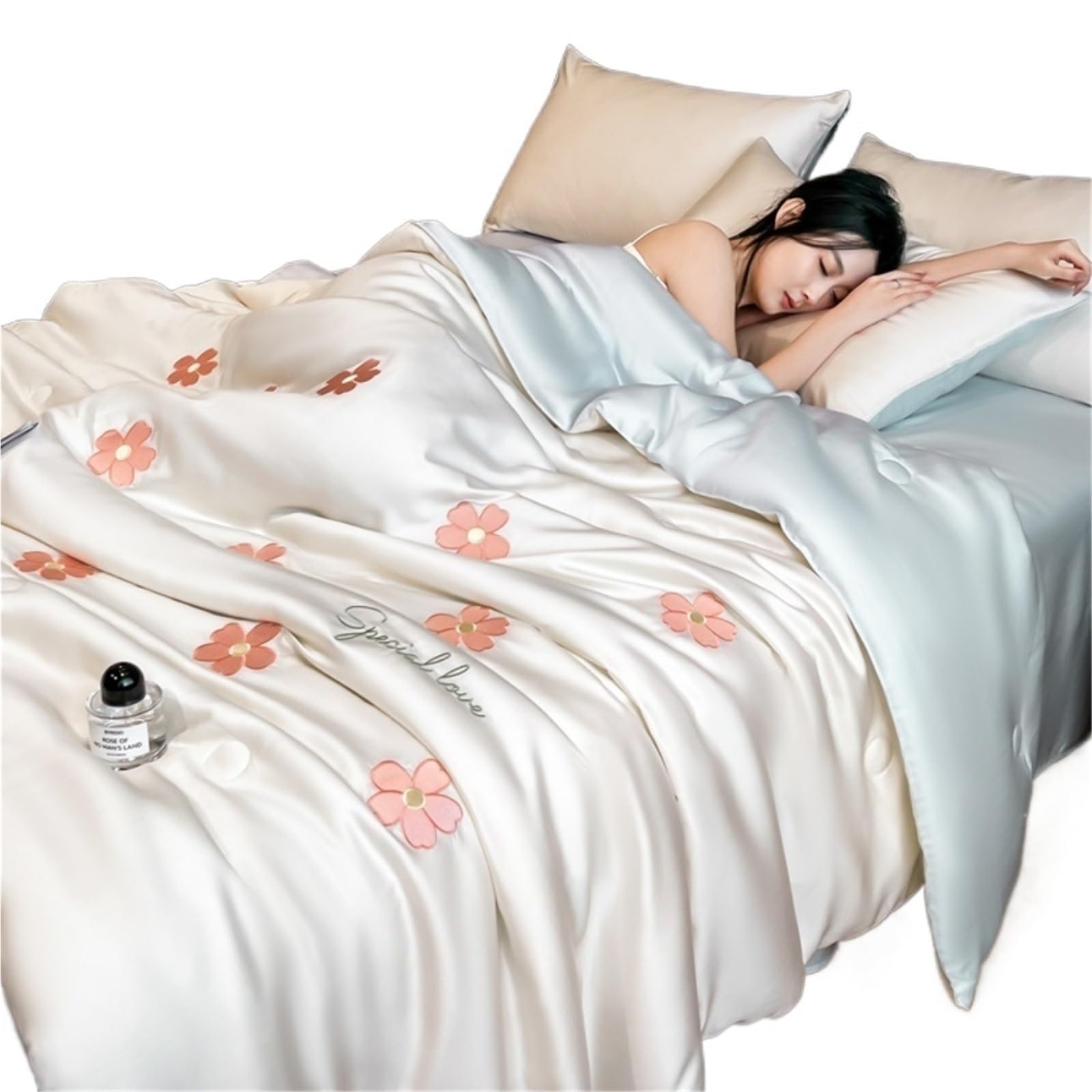 UALXPAO silk bedding Cool Summer Ice Silk Quilt Four-Piece Sets Embroidery Thin Bed Sheet With Pillowcases Air Conditioner Bedding Set(01 Blue,180x220cm 3pcs)