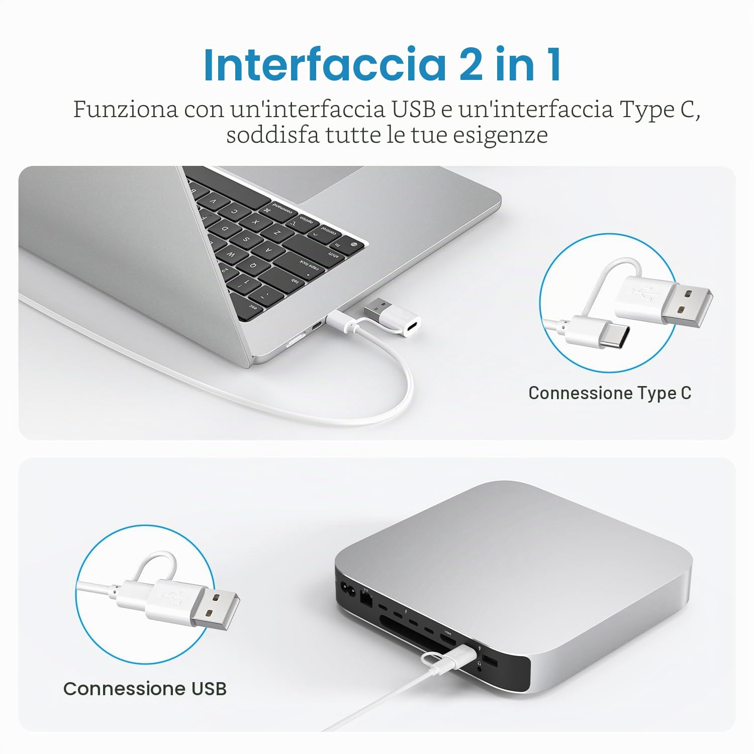 OMOTON Tastiera con cavo per Mac, tastiera con connessione doppia (Type C/USB), tasti silenziosi e connessione stabile, compatibile con Mac, iMac, Mac Mini (AZERTY)