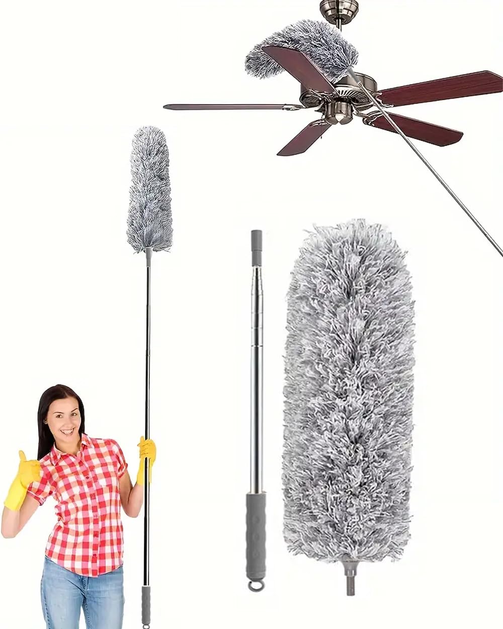 Extendable Dusters for Cleaning High Ceiling Fan, Microfiber Feather Detachable Washable Duster with 90cm to 294cm Telescoping Extension Pole, Long Duster for Home Car Furniture Cobweb
