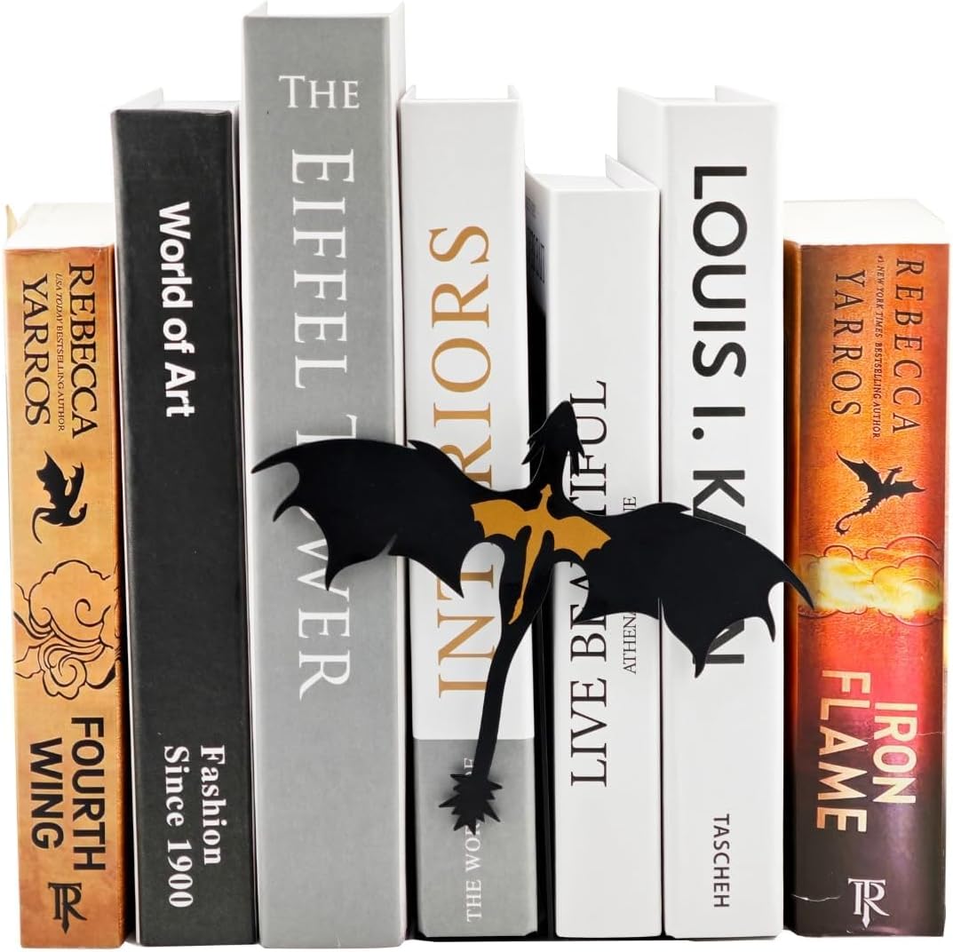 Metal Fantasy Dragon Shelf Decor – 4th Wing Dragon Silhouette Bookend Ornament for Fantasy Readers and Book Lovers, 6.7″ Wide Standing Bookshelf Decoration