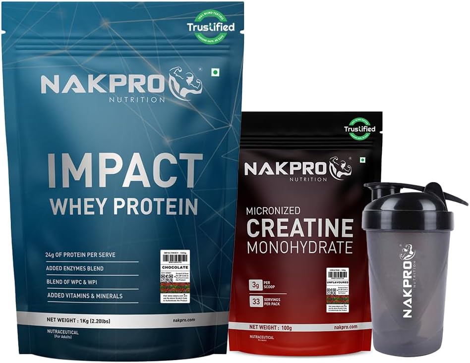 NUTRITION Impact Whey Protein Supplement Powder Combo (1 kg with 100g Creatine & Shaker, Chocolate)