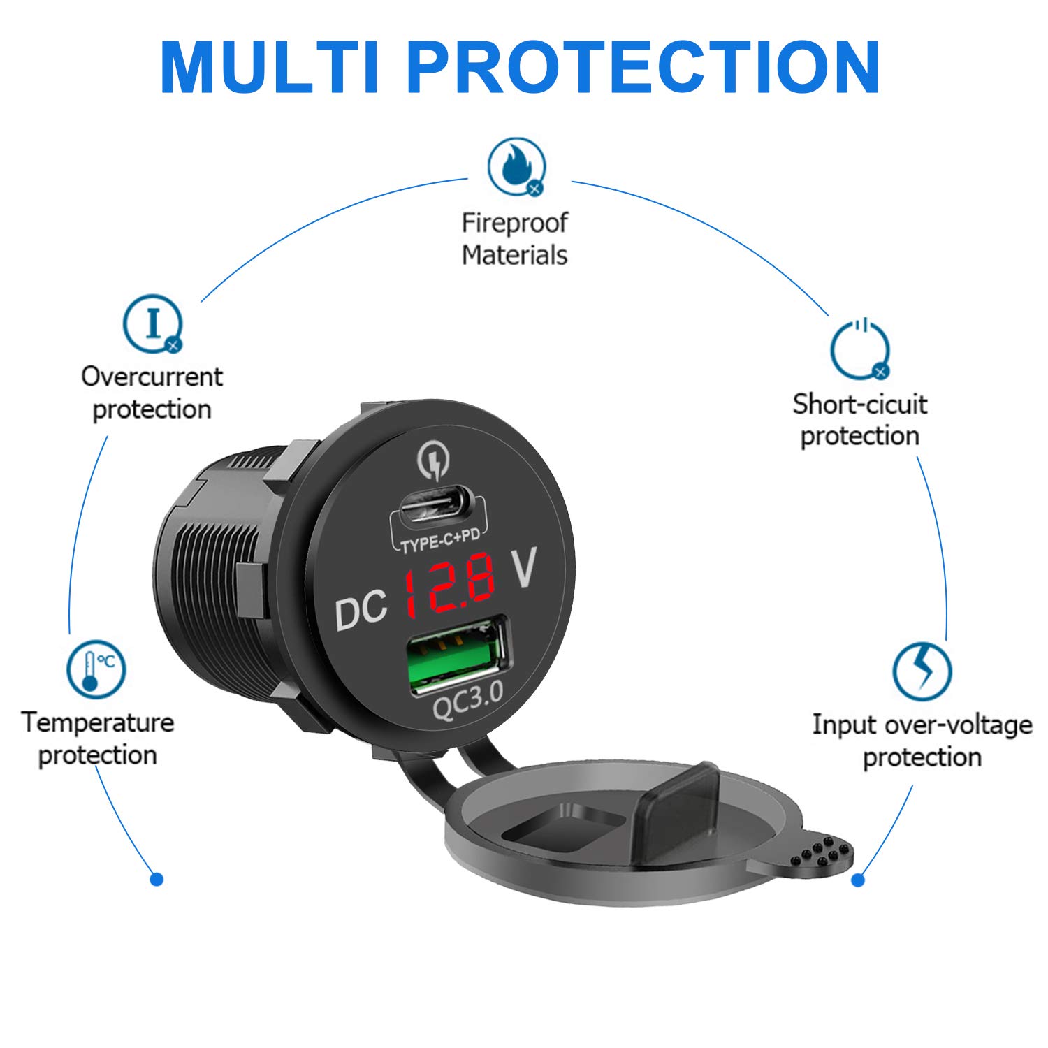 Ulisem Chargeur De Voiture USB-C, 12 V/24 V QC 3.0 64 W, Double Prise Etanche Avec Voltmetre Led Pour Voiture Moto Bateau Camping Car 88980512