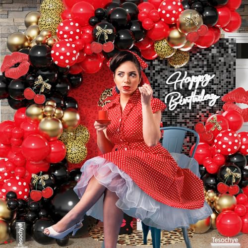 Image of 145pcs Red and Black Balloon Arch Kit with Leopard Cheetah Print Balloons for Women's Birthday Decorations, Baby Shower Bachelorette Spa Party Decorations
