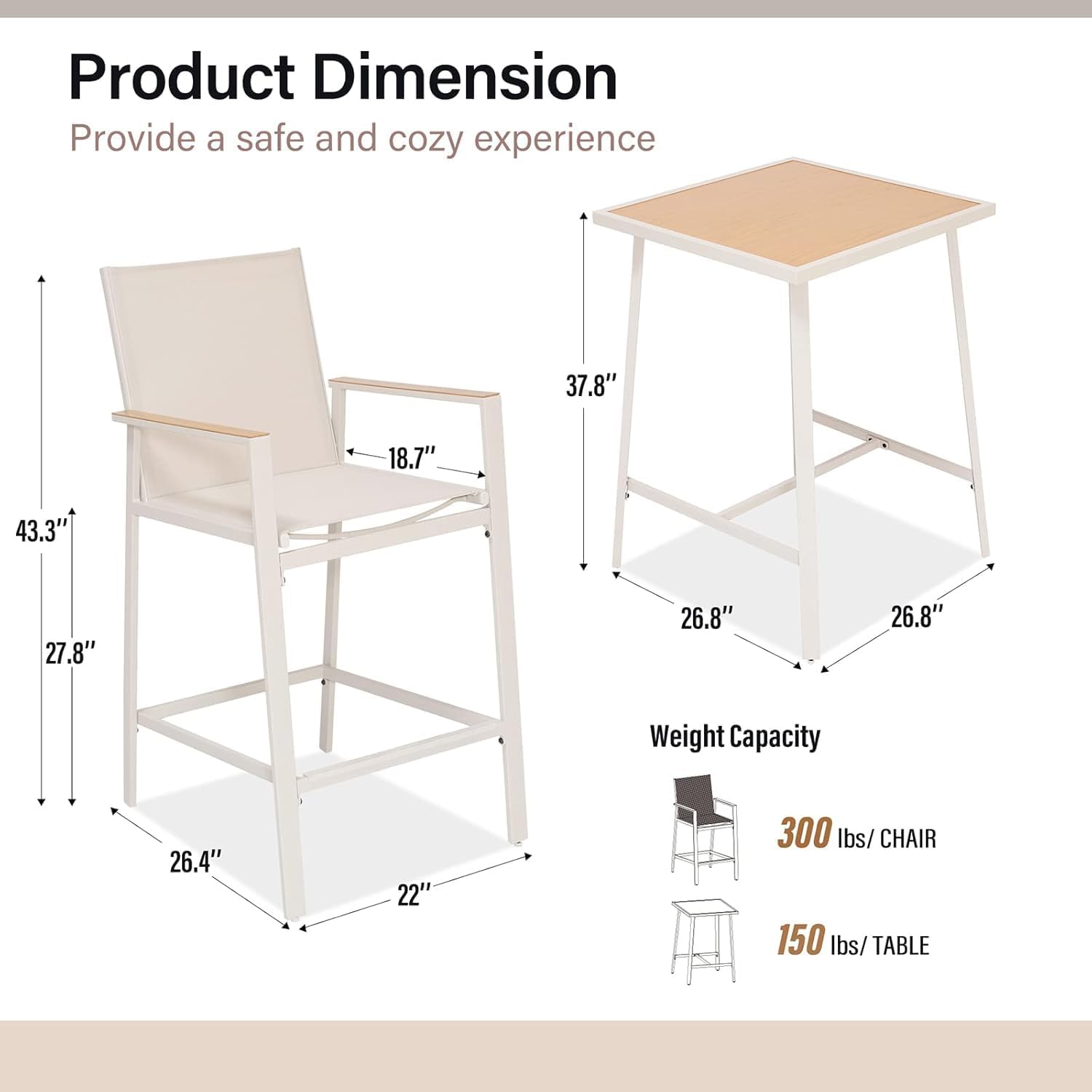 LAUSAINT HOME 3 Pieces Patio Outdoor Bar Set, All-Weather Textilene Bar Chairs and Wood-Like Height Table, Bar Set with Metal Counter Bar Stools and Table for Garden, Deck, Balcony