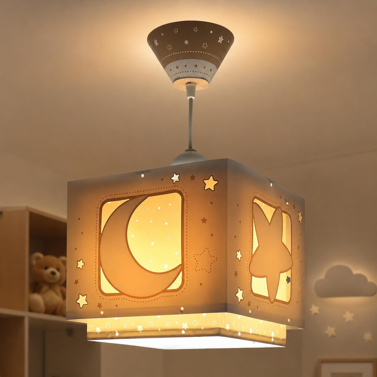 Lampada da soffitto a sospensione per bambini Dalber Moonlight, luna e stelle, beige chiaro di luna, 63232MB, E27, lampade per bambini, maschietti, femminucce e neonati.