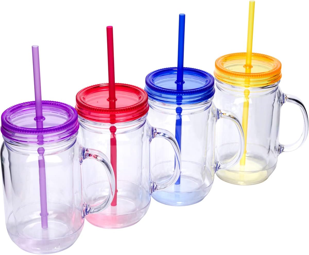 Plastic Mason Jars with Handles, Lids and Straws | 20 oz Double Insulated Tumbler with Straw | 4 Pack Set of 4 | Wide Mouth Mason Jar Mugs | Cups for Kids and Adults…