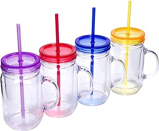 Plastic Mason Jars with Handles, Lids and Straws | 20 oz Double Insulated Tumbler with Straw | 4 Pack Set of 4 | Wide Mouth Mason Jar Mugs | Cups for Kids and Adults…