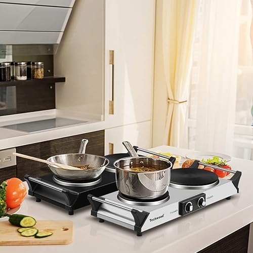 Miniatura 8 de Techwood - Parrilla eléctrica con placa calefactora, para encimera, doble quemador, doble placa de cocción de cerámica infrarroja, de 1800W, con