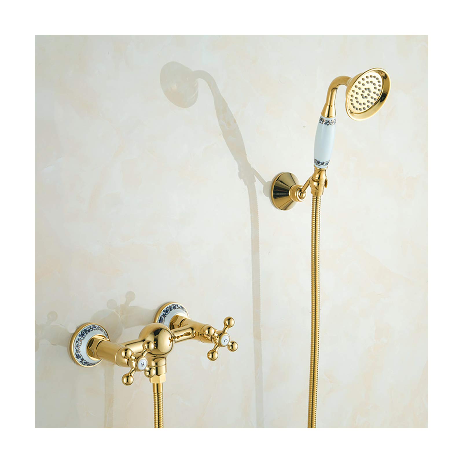 JYBNBBE WallMounteBrass Tub Faucet with HandhelShowerheadDual Handle Mixer for Hot & ColWaterStylish Bathroom Fixture for Bathtubs (Golb A)