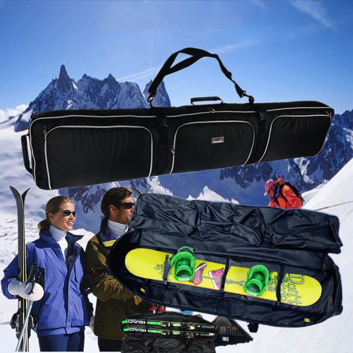 Podwójna torba na narty, walizka z kółkami, 2 w 1 wyściełana deska snowboardowa z kółkami, torba podróżna na pojedynczy snowboard i kozaki