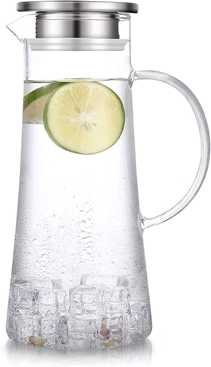 Doeek Glass Pitcher With Lid and Spout 50 Ounce/1.5Liter- Handmade Water Carafe Great for Hot/Cold Water, Ice Tea and Juice Beverage (1.5L)