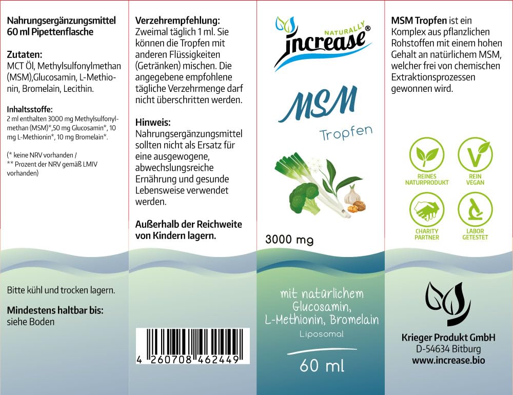 Liposomale MSM Tropfen hochdosiert - (90.000mg Methylsulfonylmethan (MSM) pro Packung) 3000mg MSM pro Tagesdosis mit Glucosamin, L-Methionin und Bromelain -MCT Öl -Hohe Bioverfügbarkeit