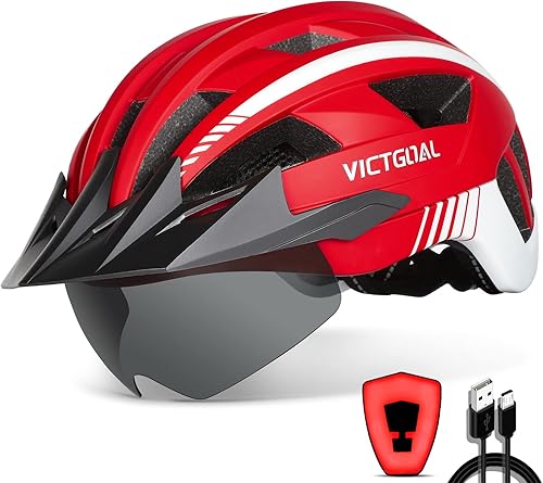 VICTGOAL Casco de bicicleta con luz trasera recargable por USB, gafas magnéticas desmontables, visera solar extraíble, cascos de bicicleta de