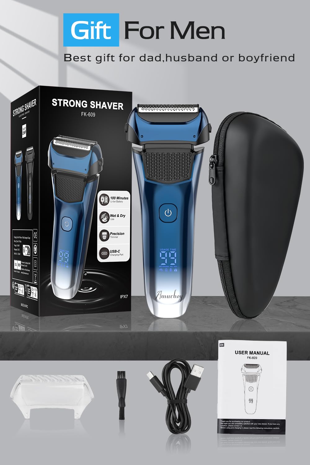 Rasoir Électrique homme avec 3 lames flexibles et étui de voyage, Rasoir Électrique Barbe avec tondeuse de précision, rasoir humide/sec, autonomie de 120 minutes, rechargeable, cadeaux pour hommes