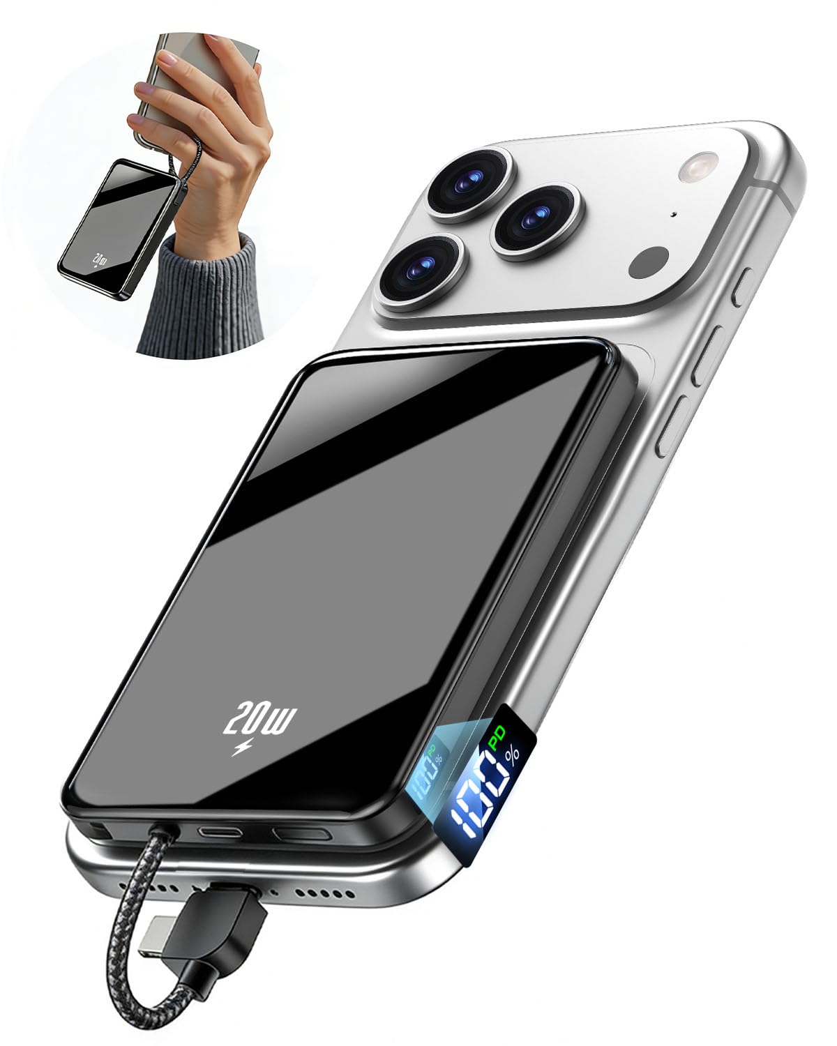 Power Bank 12000mAh, Magnetische Powerbank für iPhone mit 2-in-1 integriertem USB-C & iOS Kabel, Kein kabelloses Laden, 20W Klein Schnellladung, Reise Essential für iPhone 17/Pro Max/16/15/14 & iPad
