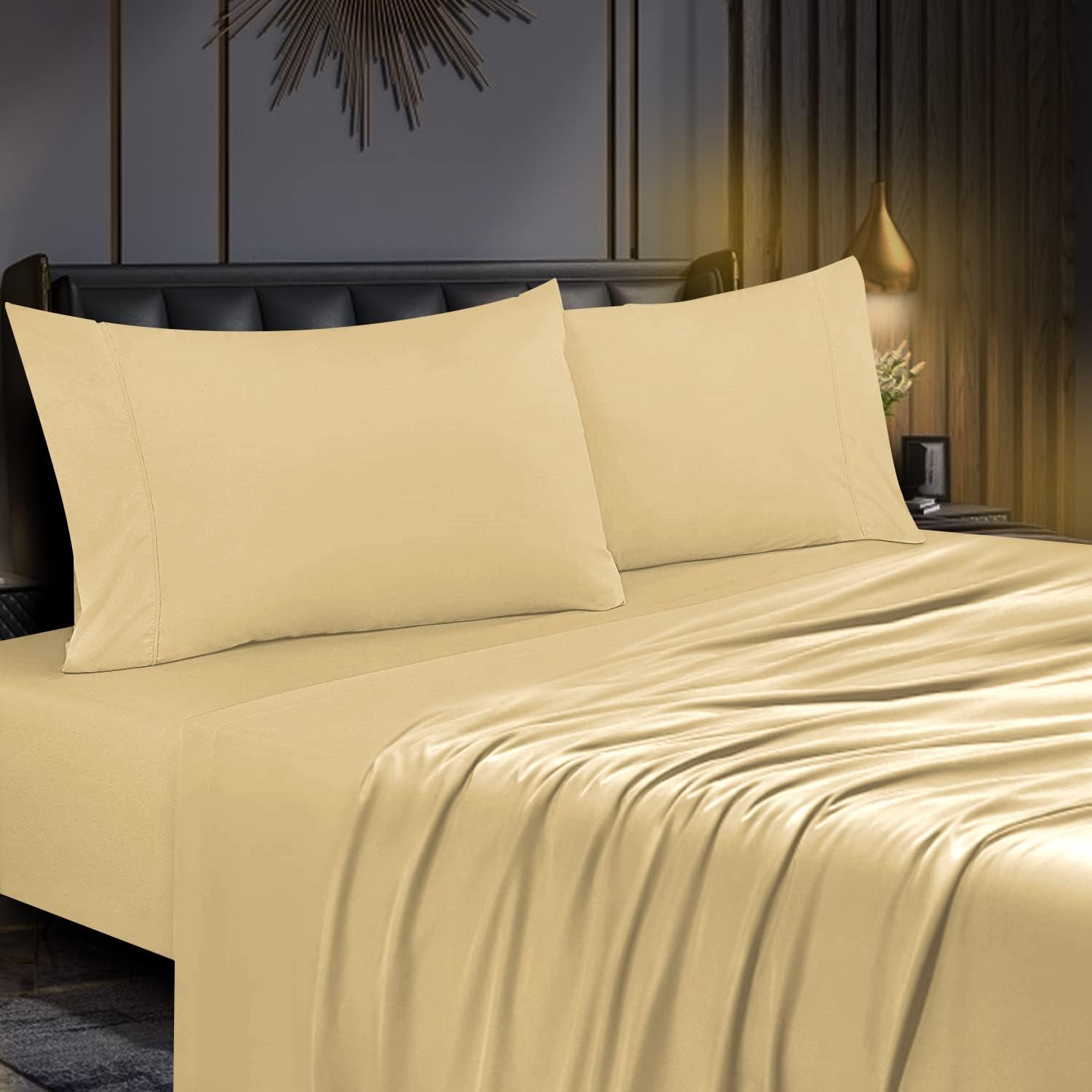 MOONQUEEN 2 Pack Lightweight Bedding Fitted Sheets - Soft Microfiber Bottom Sheet - Deep Pocket - Shrinkage and Fade Resistant - Easy Care (Queen, Mellow Yellow)