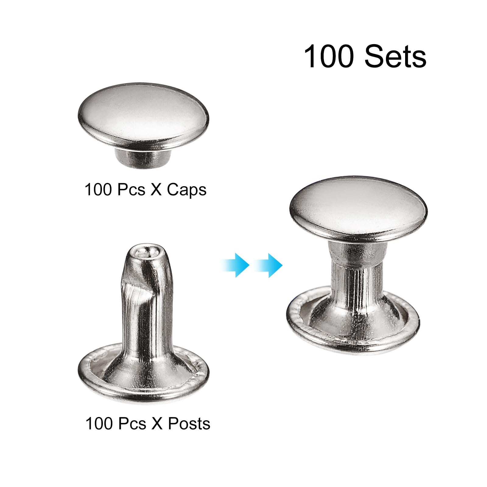 QUARKZMAN 100 Rivetti in Pelle 6x6mm Doppia Testa Metallici Argento per Riparazione Fai da Te