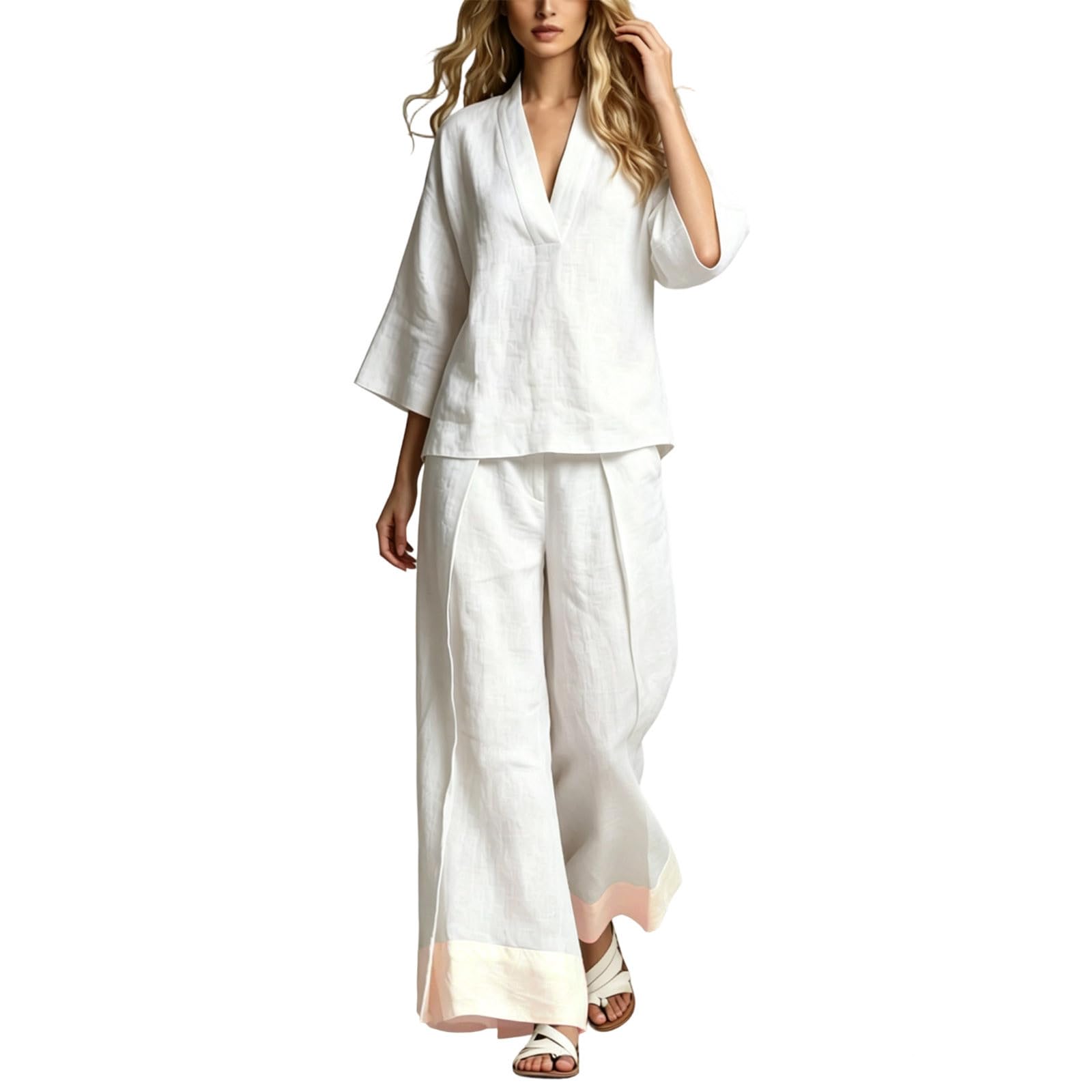 Generisch Damen Sommeroutfit mit französischem Kragen Bluse weiter Hose – leichtes atmungsaktives Set für Reise Büro Freizeit Alltag Date Shopping (White, XXXL)