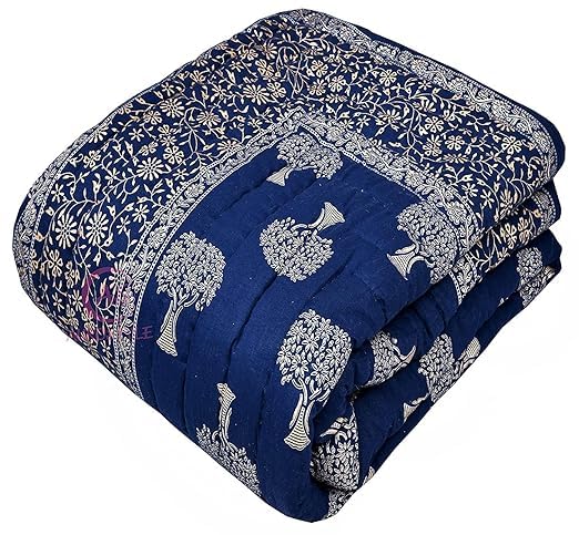 400 TC Pure Cotton Jaipuri Quilt with Traditional Rajasthani Floral Design & Gold Print | Lightweight Rajai for Winter & Summer (Double Bed-90 x 105 Inch)-image-47