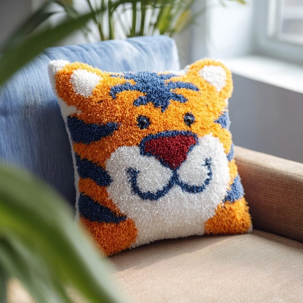 Taxpy DIY Latch Hook Pillow Kit Pre-Printed Hook and Latch Rug Kits Tiger 17X17 Inch.Cross-Stitch Embroidery Cushion Cover for Home Sofa Decoration