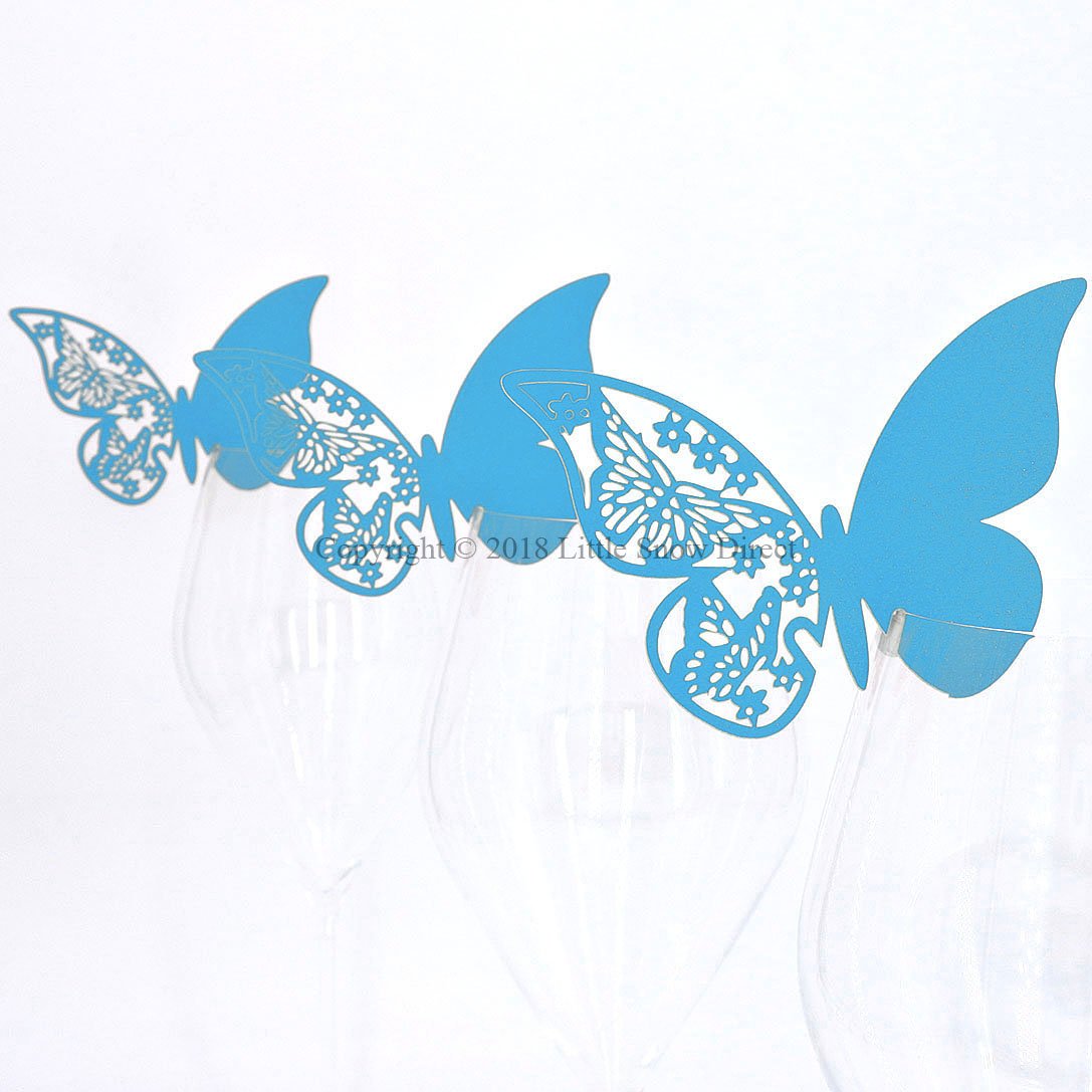 Little Snow Direct Wedding Party Name Place Cards For Wine Glass Cup Pearlescent Laser Cut - 20pcs Butterfly - Turquoise/Aqua