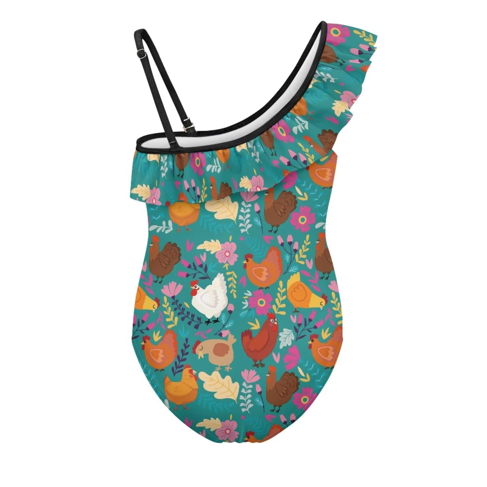 Frymappies Little Girls Rooster Hens Swimsuit 5T 6T Kids Chicken Floral One-Piece Swimwear Girls One Shoulder Ruffle Bathing Suits Adjustable Strap Beach Swimsuits Sleeveless Swim Wear