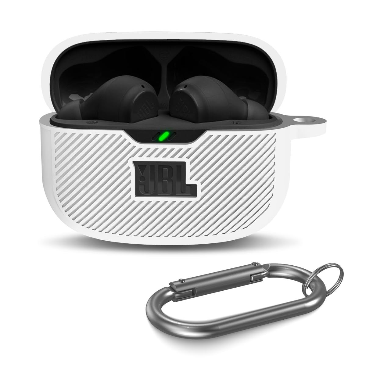 WADVCU for JBL Vibe Beam/JBL Vibe Beam 2/ JBL Vibe 200TWS Case Cover, Silicone Scratch Resistant Logo Visible Cover Compatible with JBL Vibe 200TWS & Beam & Beam 2 Charging Case with Carabiner-White