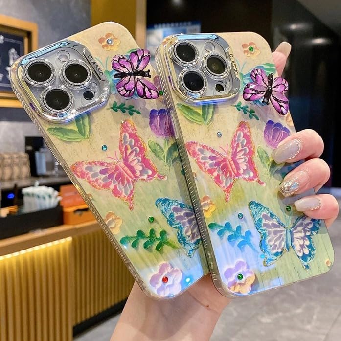 Image of PEEPERLY Back Cover Case for iPhone 13 Pro Max Scratch Resistant Anti-Slip TPU Shockproof Protective Durable Lush Meadow Garden Butterfly Case for Girls & Women