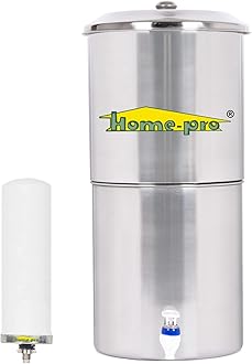 Home-Pro - Gravity Water Filter and Purifier | 16 Liters Total Capacity (8L Bottom & 8L Top) Made with Stainless Steel |Includes 1 Creamic Long Candle and Food Grade Plastic Tape