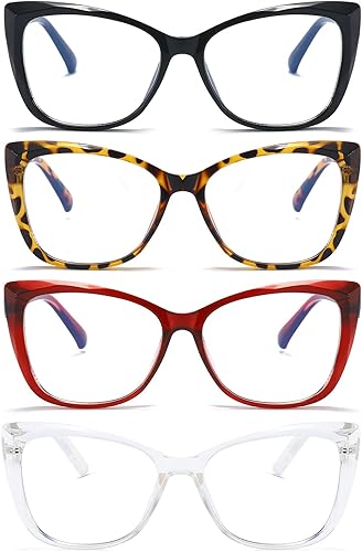 Gafas de lectura para mujer, paquete de 4 lentes de bloqueo de luz azul de gran tamaño con ojo de gato +1.25