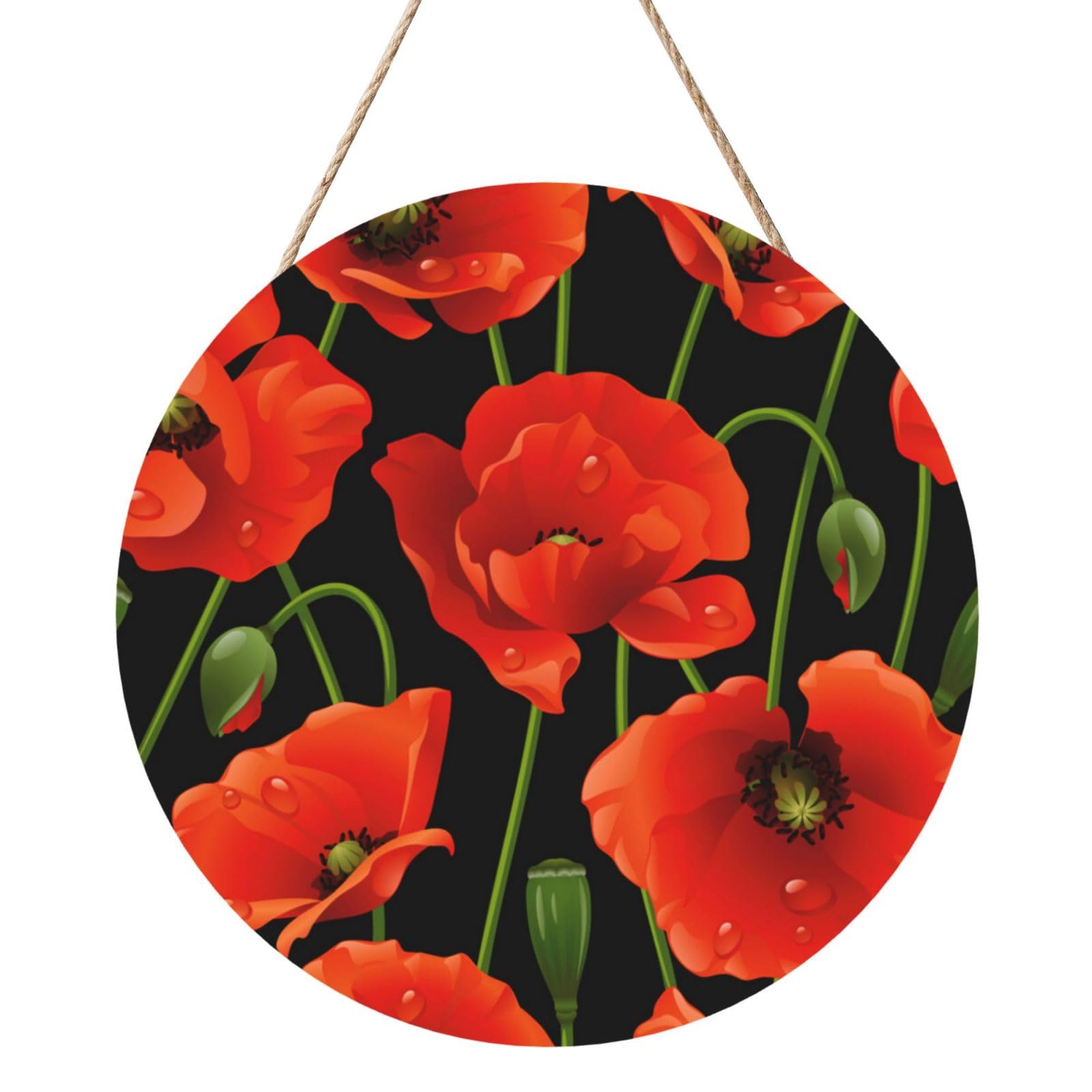 InOmak Poppy Flower, Round Wood Panel Painting 12 in, Wall Hanging Painting For Home