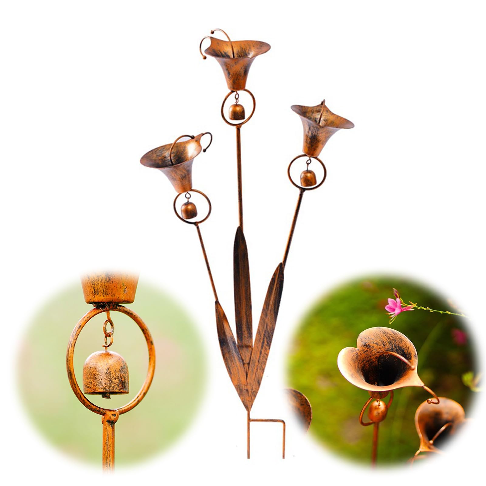 Metal Three Calla Lilies Garden Stake with Bells Handmade 24in Flower Decorative Garden Stakes for O
