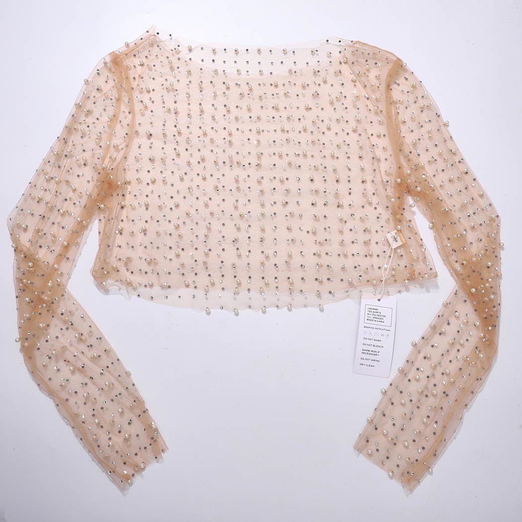 JAKAWIN Pearl Mesh Top Rhinestone See Through Blouse Long Sleeve Cropped Tops for Women Beige - Image 6