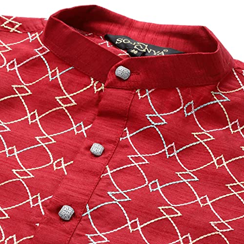 Image of SOJANYA, Men's Silk Blend NavyBlue Kurta with Multi Color Embroidery and Off-White Pyjama