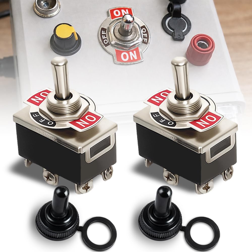 Interruptor Conmutador de Palanca ON-OFF-ON 3 Posiciones 6 Pin DPDT 15A 250VAC / 20A 125VAC con Tapa de Arranque Impermeable por Poweka (2 Juegos)