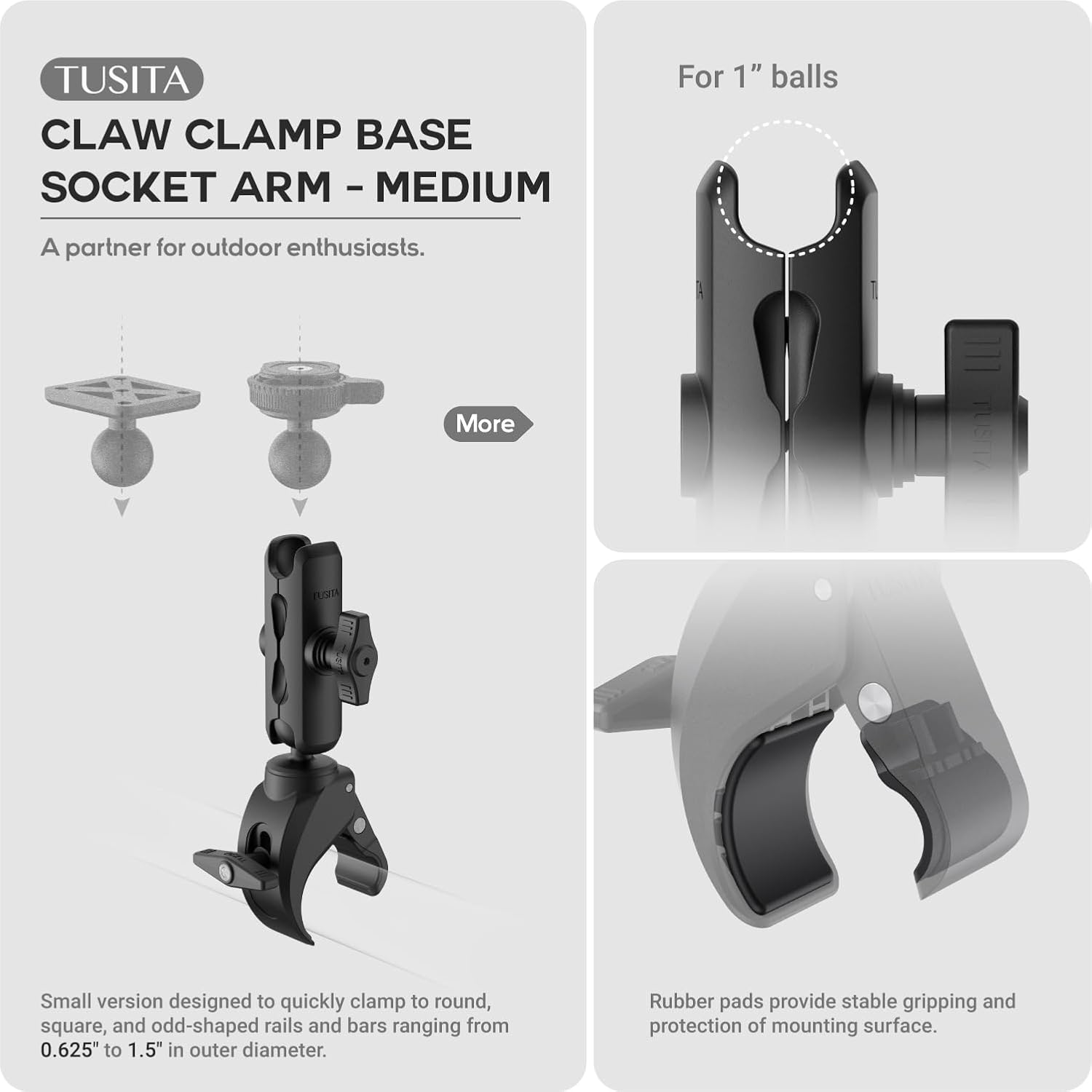 TUSITA Small Claw Clamp Base with Double Socket Arm Medium - 1" B Size