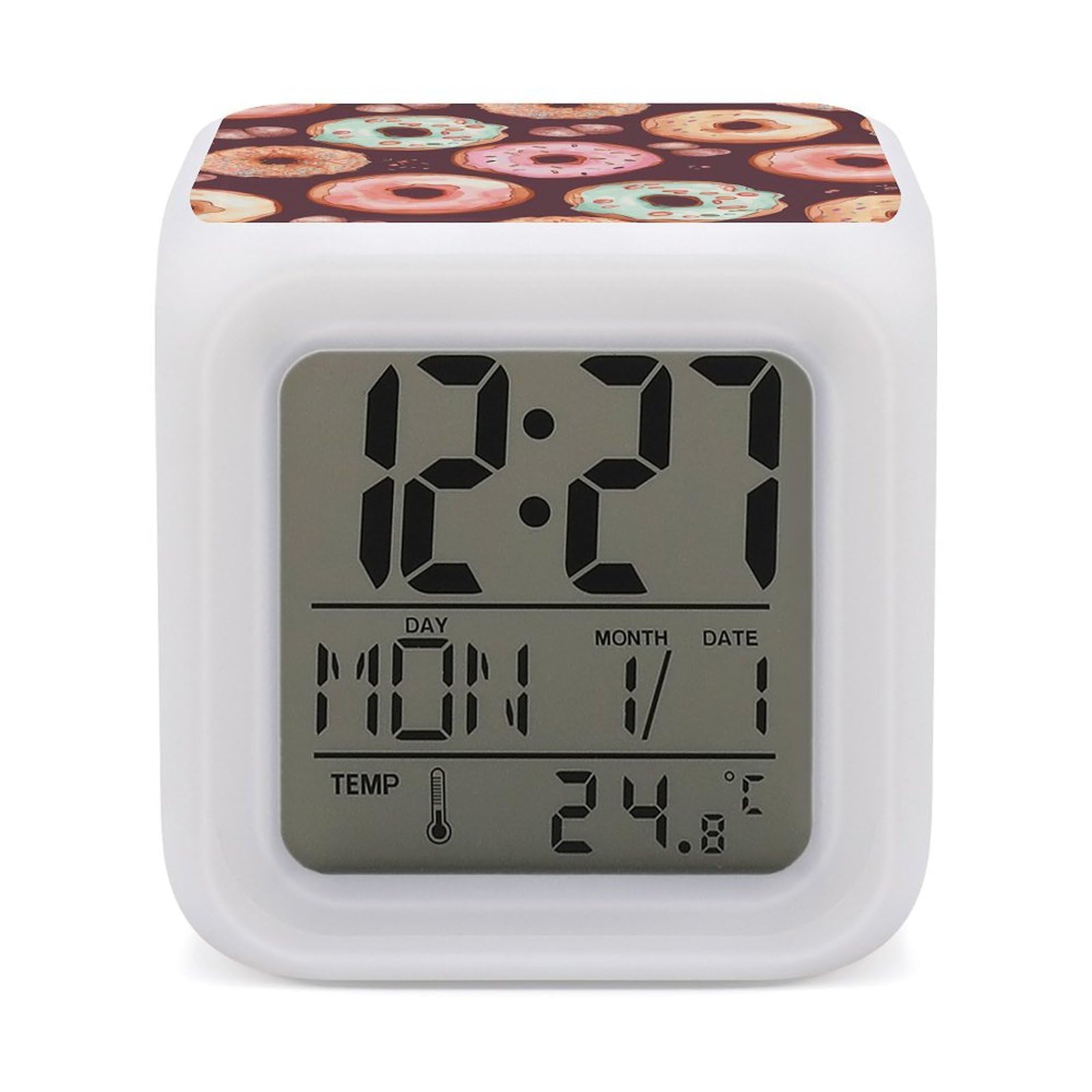 FekiLoot Pretty Donuts Alarm Clock for Heavy Sleepers Small Digital Alarm Clock with Date Temperature Wake Up Digital Clocks with 7 Colors Changing Desk Clocks for Bedroom Bedside Nightstand